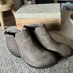 Maurices bootie. Greige" in color with metallic accent and distressed heel.